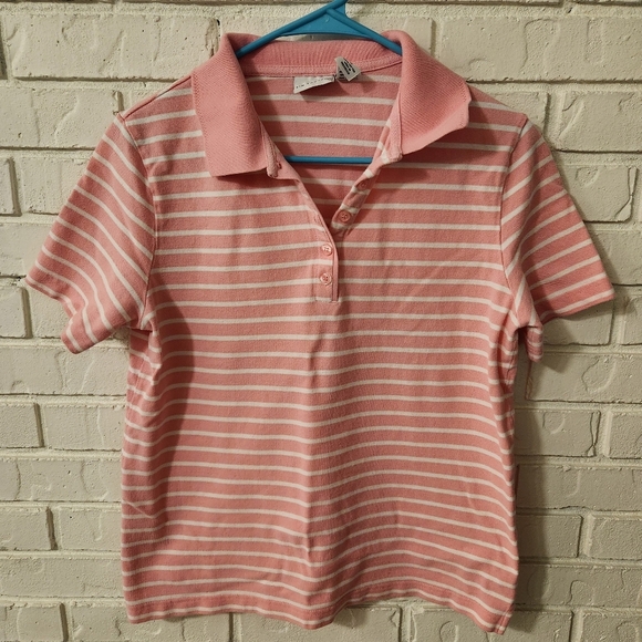 Kim Rogers Tops - Kim Rogers Pink and White Striped Polo Shirt M
